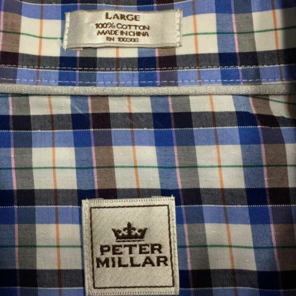 Peter Millar Button Shirt L Blue White Orange Plaid Short‎ Sleeve Golf Mens - Picture 4 of 4
